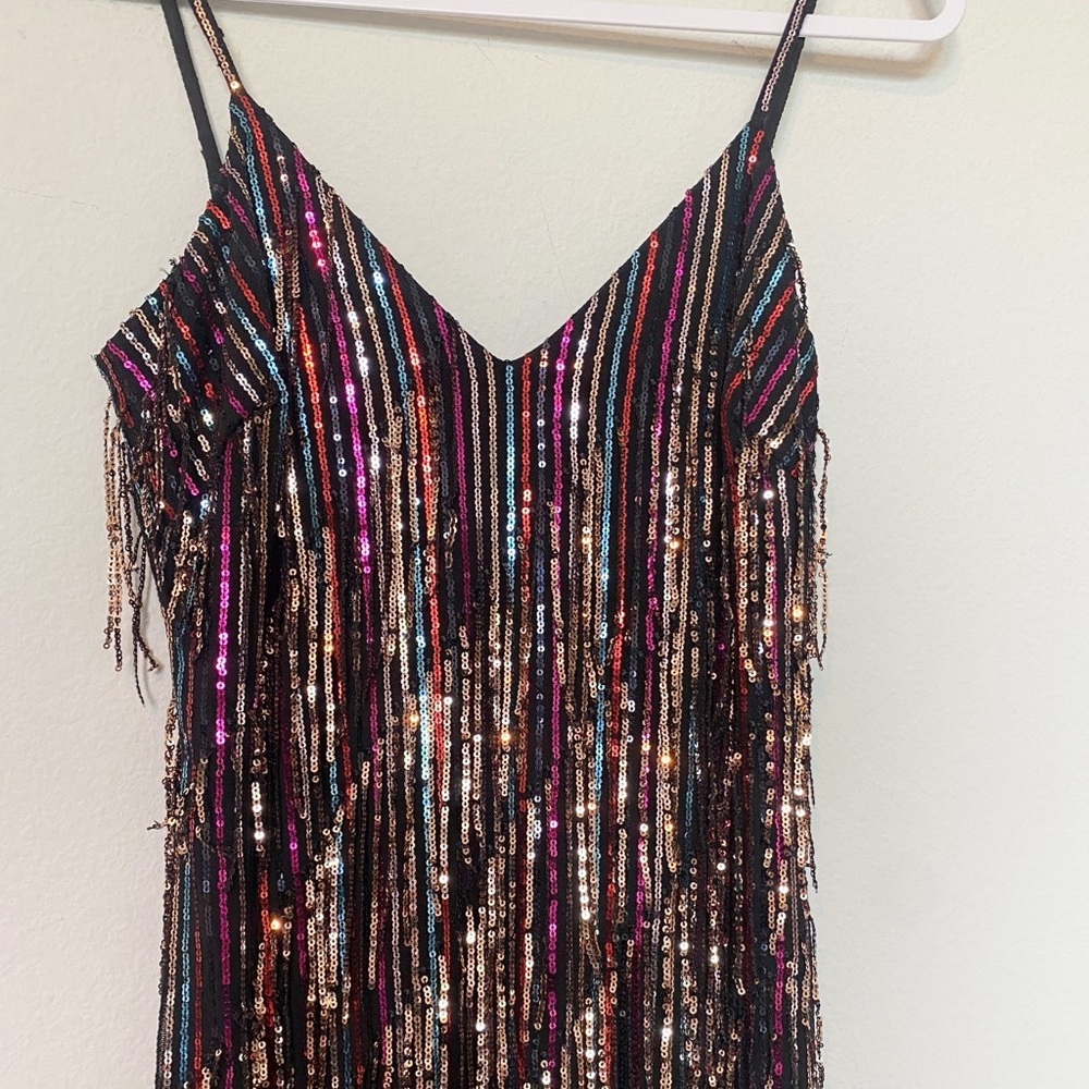 DRESS THE POPULATION Yvonne Rainbow Sequin Fringe Midi Dress Sz Medium - Picture 5 of 12